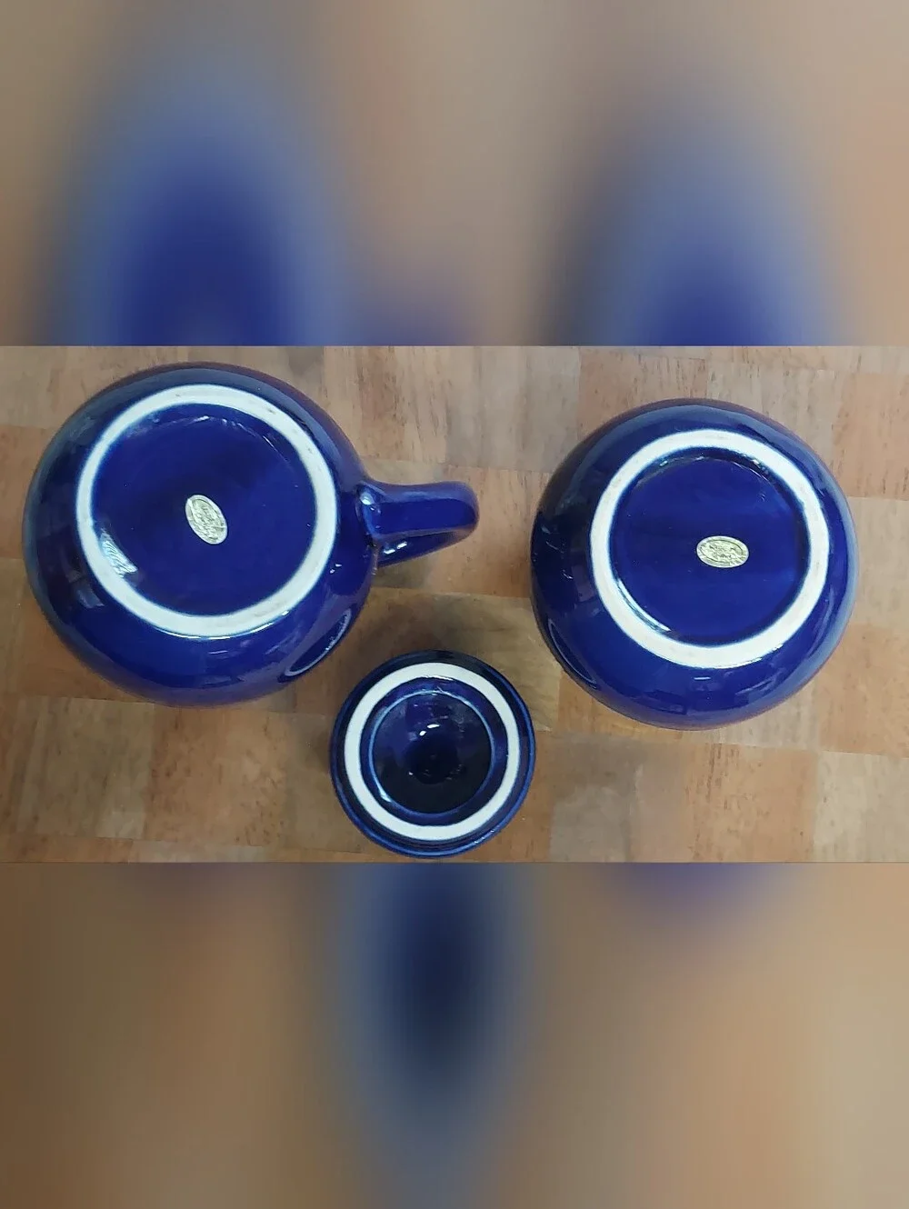 Vintage Cobalt Blue Ceramic Sugar/Creamer Set, Raised Fruit Pattern Farmhouse
